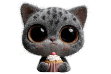 Adorable 3D rendered kitten with big eyes holding a cupcake. background removed