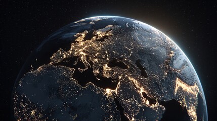 Earth from space with visible international borders rendered by nighttime light patterns across continents. stock image, hd quality