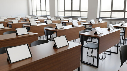 Orderly Rows of Blank-Screen Tablets Awaiting Students in a Modern Classroom