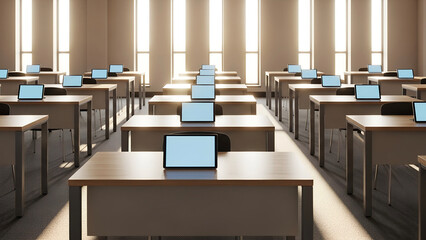 Sunlight Illuminates a Modern Digital Classroom with Rows of Empty Desks and Tablets.