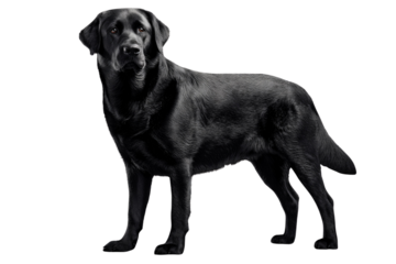 A majestic black Labrador Retriever stands against a stark transparent background, showcasing its elegant posture and dark coat. background removed