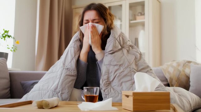 isolated woman wrapped in cozy blanket battling the flu at home, seeks comfort with tea and tissues during cold season