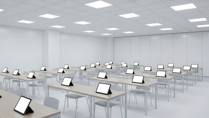 Futuristic Minimalist Classroom with Rows of Desks and Glowing Blank Tablets.