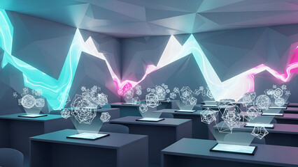 Futuristic Polygonal Classroom with Holographic Projections and a Luminous Neon Data Wave.