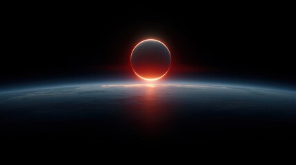 Earth seen in eclipse from the Moon's far side, faint red glow around atmosphere while Sun is directly behind. stock image,