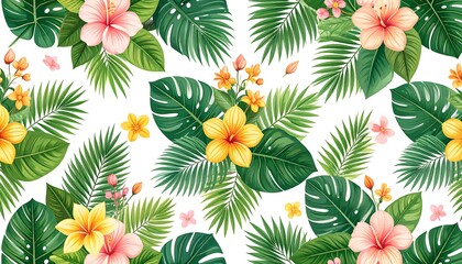 Vibrant tropical flowers and lush leaves create a repeating pattern on a white backdrop.