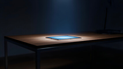 Solitary Glow: A Luminous Tablet Illuminates a Dark, Minimalist Desk