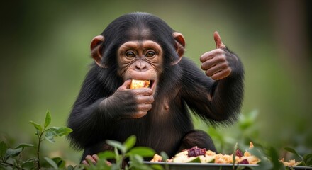 Chimpanzee baby eating, giving thumbs up
