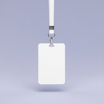 Blank white ID card mockup hanging from a lanyard, against a muted purple background, for employee or event access, marketing template