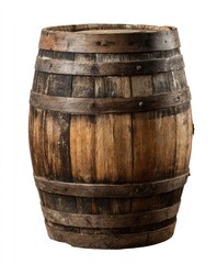 Fototapeta premium Aged wooden barrel, full view. Solid, weathered, round cask. Dark brown, rich tones. Horizontal wooden bands encircle the barrel. Simple, rustic design, isolated on white background