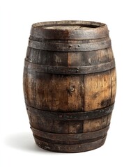 Fototapeta premium Aged wooden barrel, dark brown, round, full, isolated