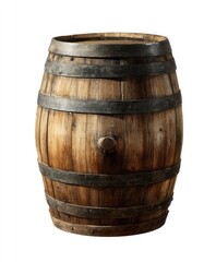 Aged wooden barrel, round and full.  Dark brown, weathered wood.  Metal bands encircle the barrel.  Isolated on white background