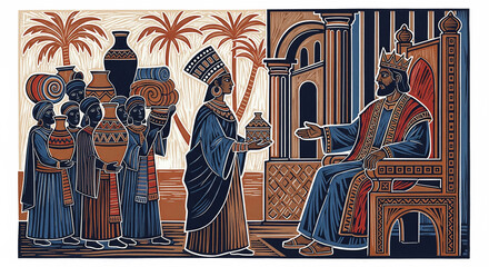 1 Kings 10 Solomon and Sheba A  Meeting rinocut print style