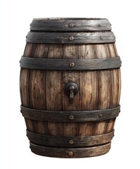 Obraz premium Aged wooden barrel, front view. Dark brown, weathered wood, with metal hoops. Single spigot