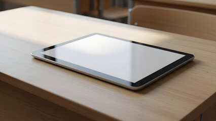 Modern Digital Tablet with Blank White Screen on a Sunlit Wooden School Desk