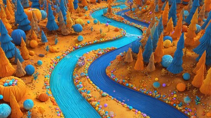 Colorful candy river flowing through pumpkin forest, 3D illustration.
