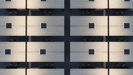 Corporate Symmetry: An Aerial Grid of Empty Modern Desks with Digital Tablets