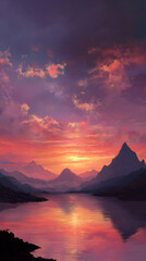 Mountains reflect in tranquil lake at sunset, creating a serene and picturesque landscape with vibrant colors and a peaceful atmosphere.