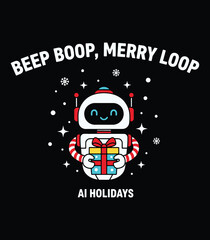 Beep Boop, Merry Loop – Cute Robot Christmas T‑Shirt with Gift Box, Snowflakes and AI Theme