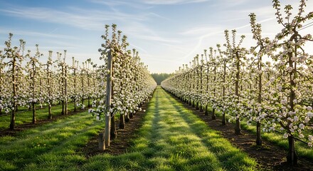 Rows of Blooming Apple Trees in a Spring Orchard.