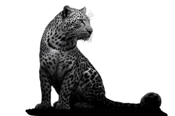 A majestic snow leopard, in monochrome, sits against a transparent background, showcasing its spotted fur and intense gaze. background removed