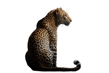A majestic leopard sits in profile against a stark transparent background, showcasing its beautiful spots and powerful physique. background removed
