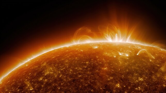 High-resolution image of the Sun's surface captured by the Solar Dynamics Observatory, showing swirling plasma, granulation texture, and active sunspots. stock image, hd quality