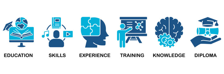 Qualification icon set In Blue Monochrome Flat Design, Vector Illustration concept relate to icon of employee recruitment and positioning with icon of education, skills, experience, training, knowledg
