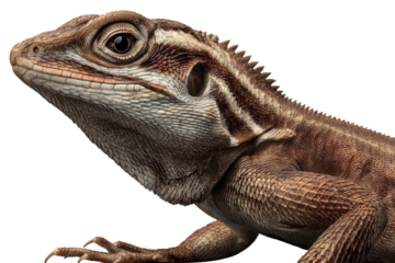 Close-up profile view of a brown lizard with distinct markings against a transparent background. background removed
