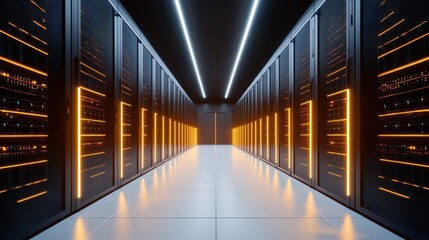 Wide panoramic shot of futuristic edge computing data center with glowing server racks and fiber optic cables.