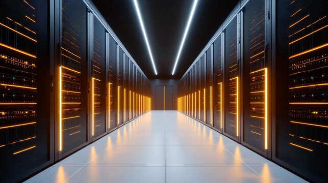 Wide panoramic shot of futuristic edge computing data center with glowing server racks and fiber optic cables.