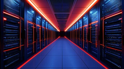 Wide panoramic shot of futuristic edge computing data center with glowing server racks and fiber optic cables.