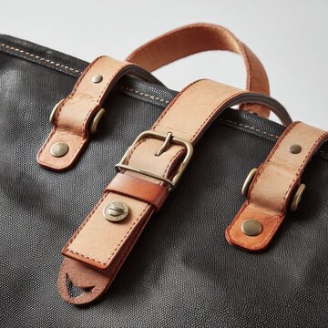 Close up of a worn leather strap with buckles attached to a textured black bag