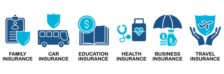 Insurance services icon set In Blue Monochrome Flat Design, Vector Illustration concept relate to icon of family, car, education, health, business, and travel insurance
