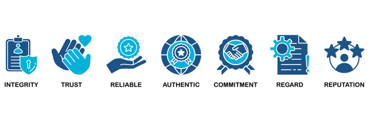 Credibility icon set In Blue Monochrome Flat Design, Vector Illustration concept relate to icon of integrity, trust, reliable, authentic, commitment, regard, and reputation