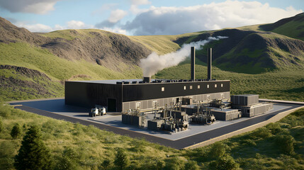 Scenic geothermal power plant nestled within a lush green landscape with hills