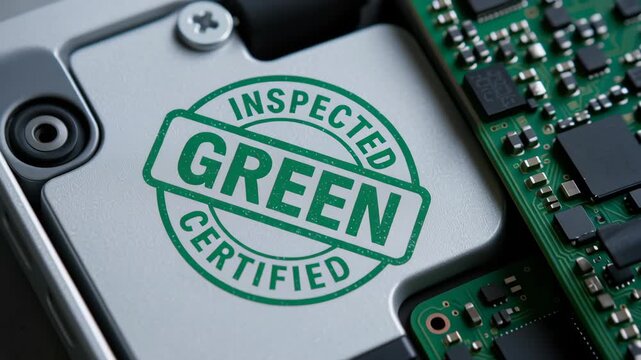 Green certified stamp electronic device component ensures sustainable engineering work for reliable eco friendly technology and environmental