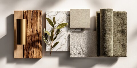 Elevated interior design moodboard featuring natural textures, neutral color palettes, and elegant material samples for home decor inspiration