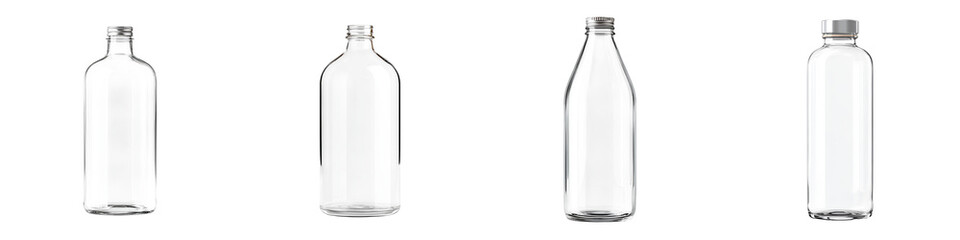 Collection of Clear Glass Bottles for Water or Beverages on White