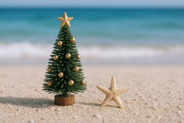Festive Christmas Tree on Sandy Beach with Starfish against Ocean Backdrop for Holiday Season