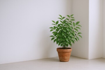 Green Plant in Clay Pot Enhancing Minimalist Interior Design with Natural Light and Clean Aesthetics