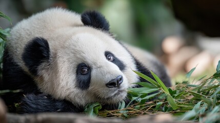 Obraz premium Adorable Giant Panda Portrait: Endangered Species Lounging Among Greenery in Natural Habitat