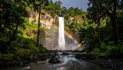 A vibrant waterfall cascades amidst a lush rainforest, a rainbow arcing across the scene, creating a captivating and serene landscape.