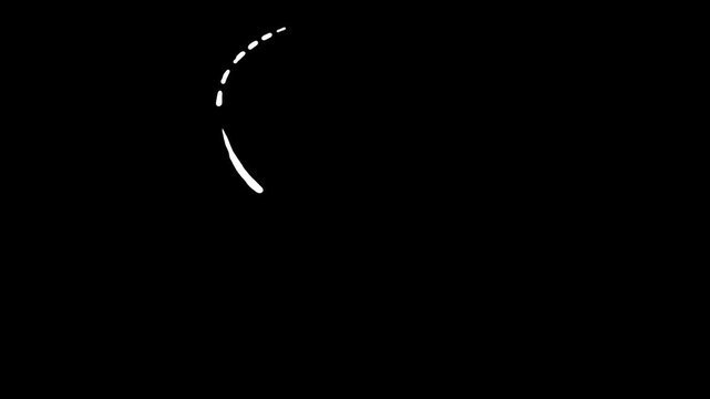 A hand-drawn animated dashed line on a black background. This simple, looping cartoon doodle is a perfect alpha channel element for showing a path, route, or direction.