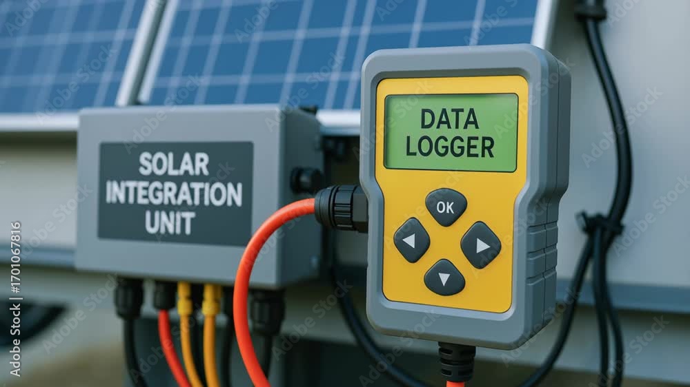 Poster data logger cable connection with solar panel integration unit for renewable energy system monitorin
