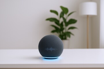 Smart Home Assistant Device on White Table with Plant, Providing Hands-Free Control and Voice Activated Convenience
