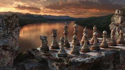 Chess Pieces On Cliff Sunset River View