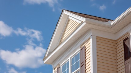 Exterior Home Detail with Yellow Siding, White Trim, and Gable Against a Bright Blue Sky
