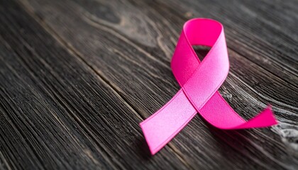 A vibrant pink awareness ribbon symbolizing hope and support rests on a dark rustic wooden background
