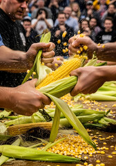 Frenzied Corn Husking Contest: A Dynamic Burst of Flying Kernels and Water.